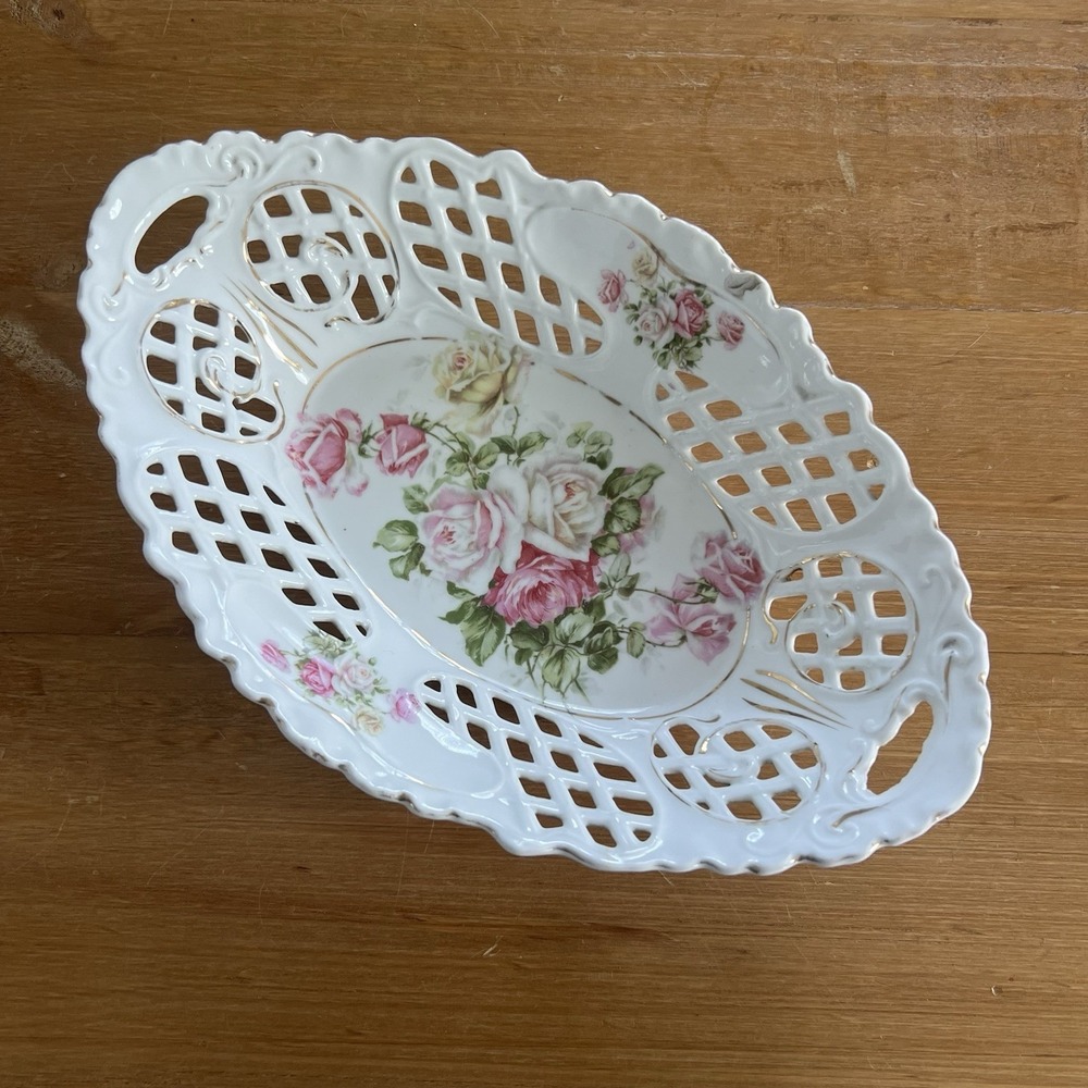 Antique Porcelain Reticulated Basket Bowl Pink Roses Gold Trim Oval Shabby Chic